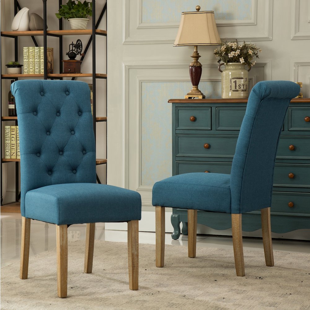 Amonia 7-Pc Dining Set, Turned-Leg Dining Table with 6 Tufted Chairs, Blue. Picture 7