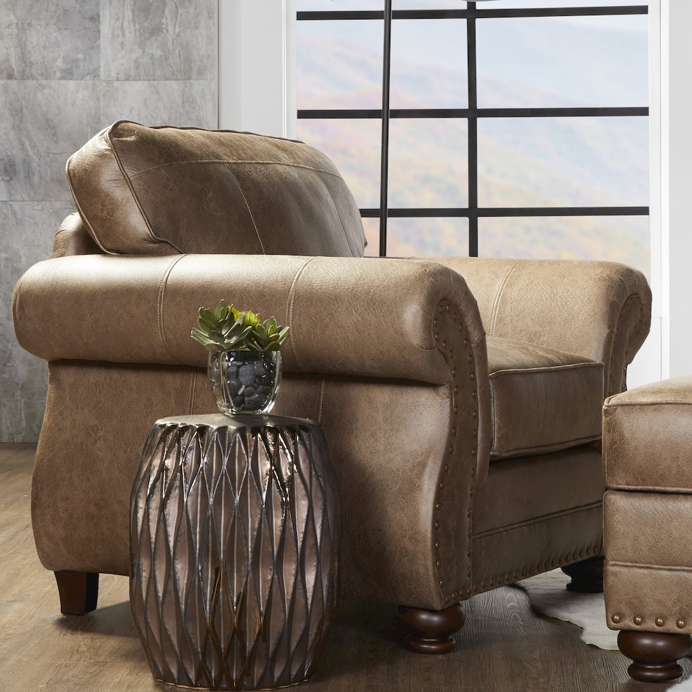 Leinster Faux Leather Armchair with Antique Bronze Nailheads in Jetson Ginger. Picture 6