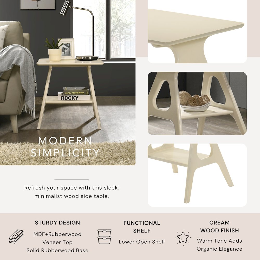 Arona Mid-Century Modern Wood Shelf End Table, Off-White Finish. Picture 4