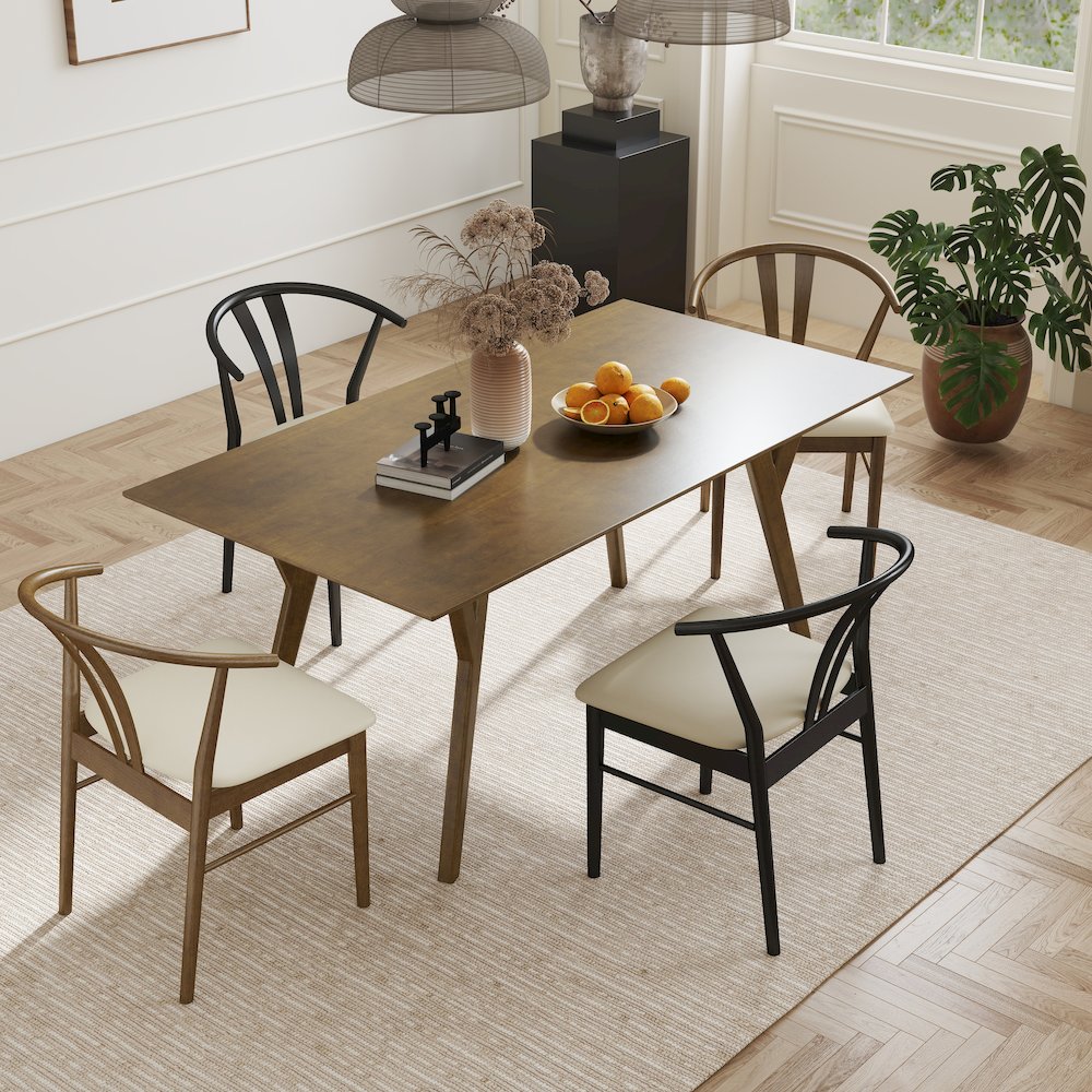 5-Piece Dining Set, Dining Table with 2 Walnut and 2 Black Wishbone Chairs. Picture 5