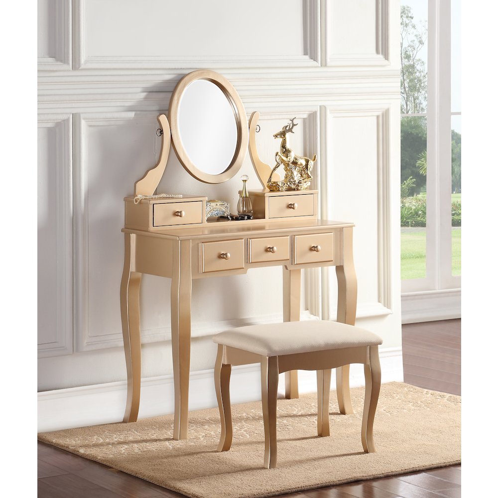 Ashley Wood Makeup Vanity Table and Stool Set, Gold. Picture 2