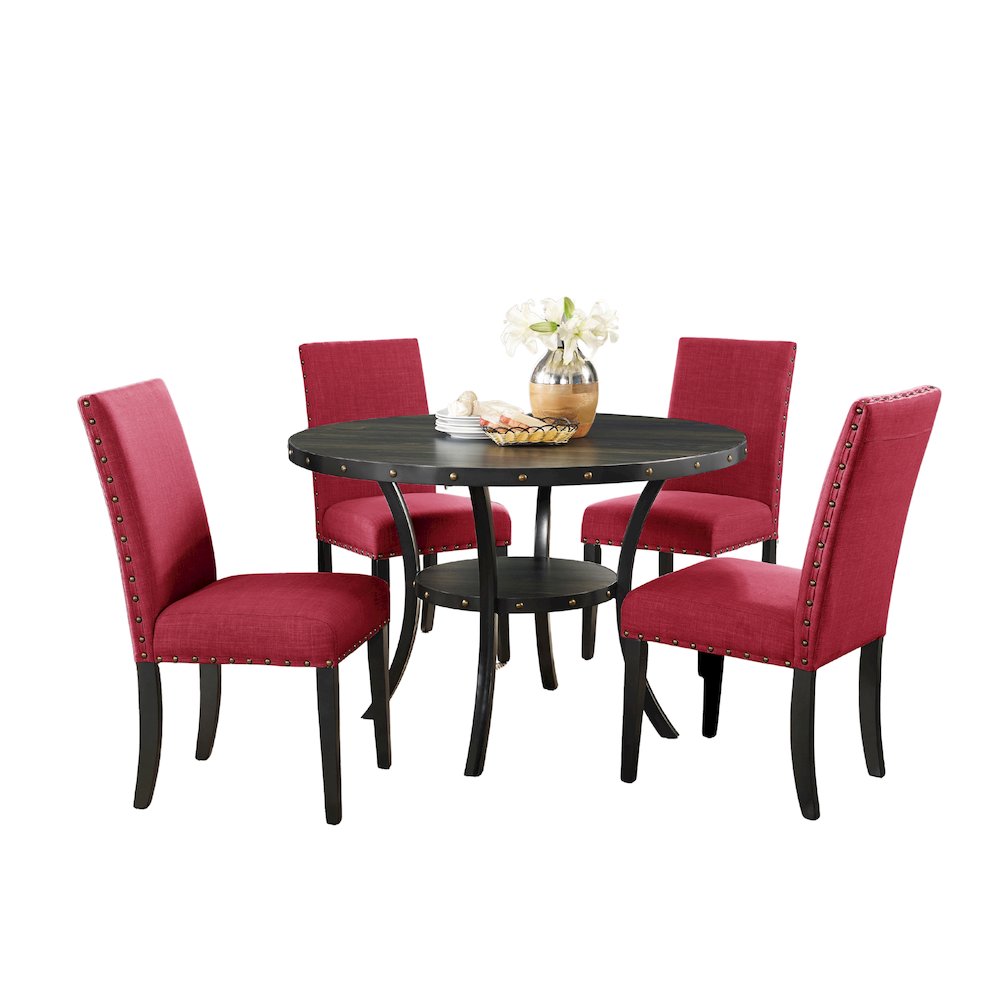Biony Espresso Wood Dining Set with 4 Fabric Nailhead Chairs, Red. Picture 1