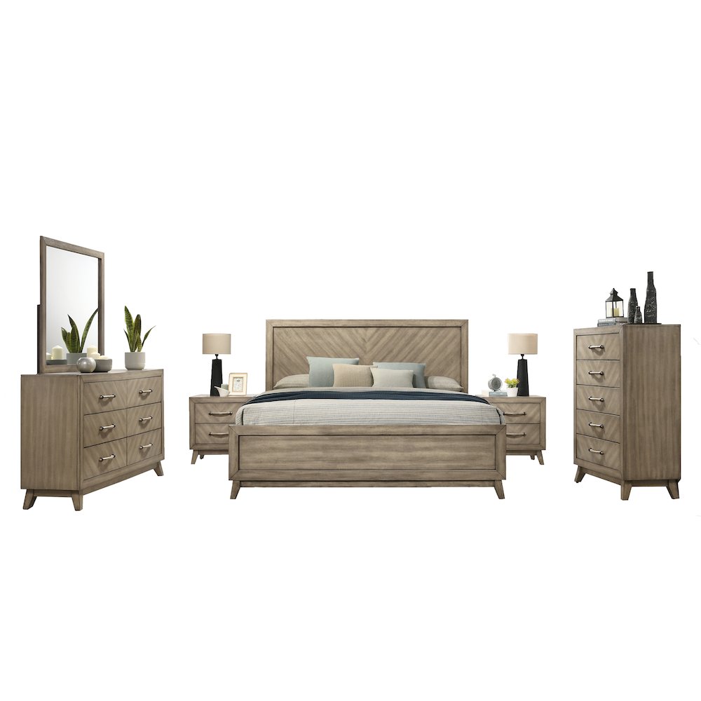 Bedroom Set: Queen Bed, Dresser, Mirror, 2 Nightstands, Chest in Weathered Sand. Picture 1
