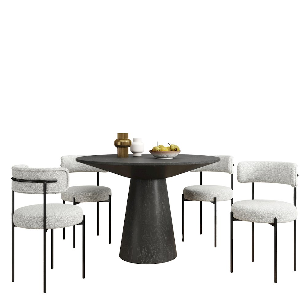 Corff 5-PC Round Pedestal Dining Set, with 4 Boucle Chairs, Black White. Picture 1