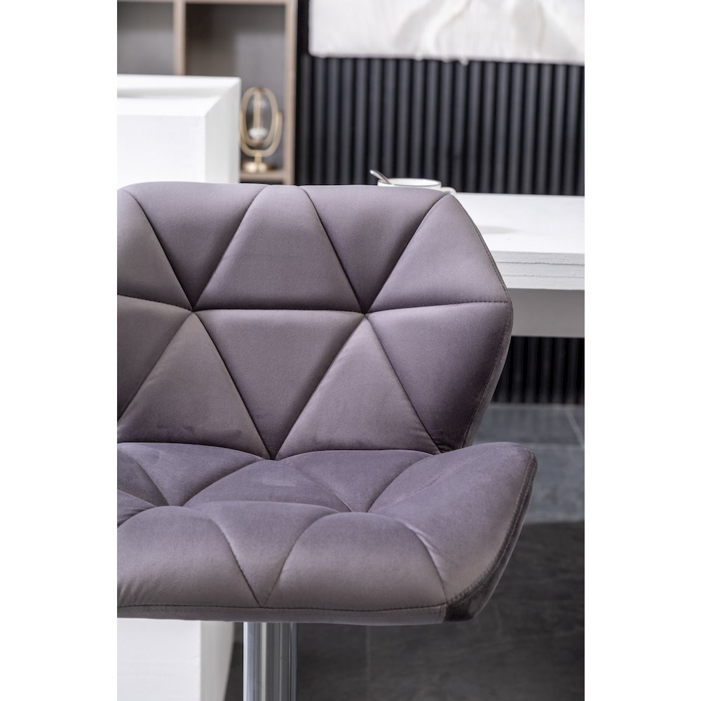Breni Velvet Diamond Tufted Swivel Adjustable Height Barstool, Set of 2, Gray. Picture 9