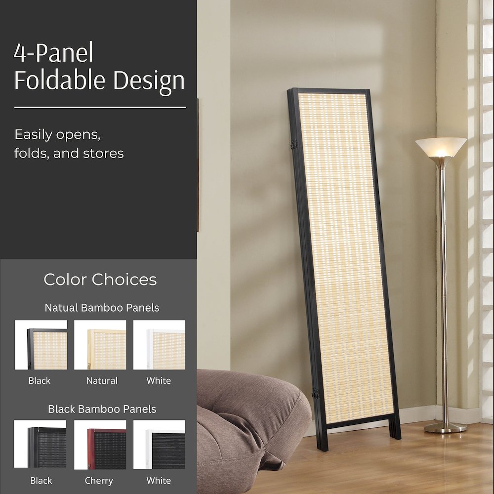 Inkwell 4-Panel Bamboo Room Divider, Folding Screen, Natural with Black Frame. Picture 4