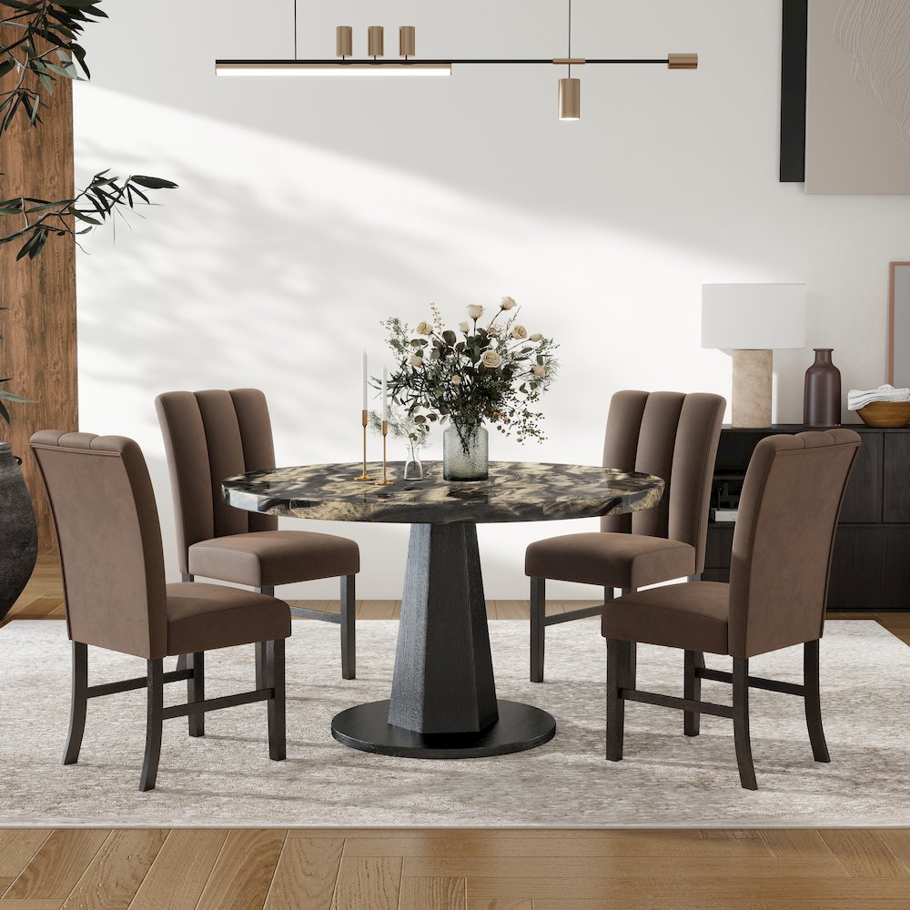 Cavira 5-PC Dining Set, Black and Gold Faux Marble Table with 4 Brown Chairs. Picture 5