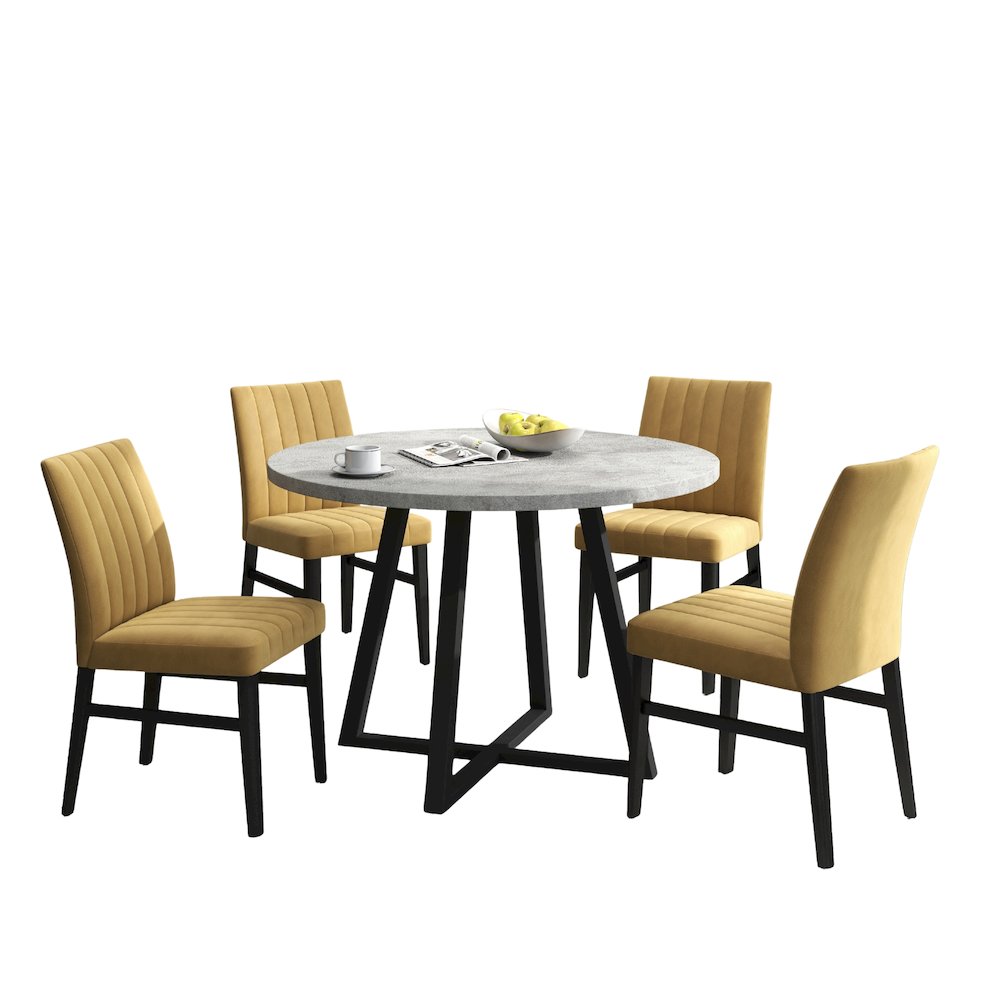 Edo 5-Piece Dining Set, Round Trestle Table and 4 Chairs, Gray and Yellow. Picture 1