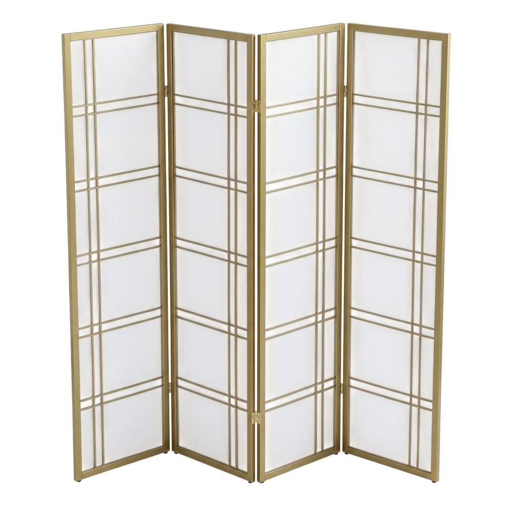 Gold 4-Panel Wood Folding Room Divider, Rice Paper, 70 Inch. Picture 1