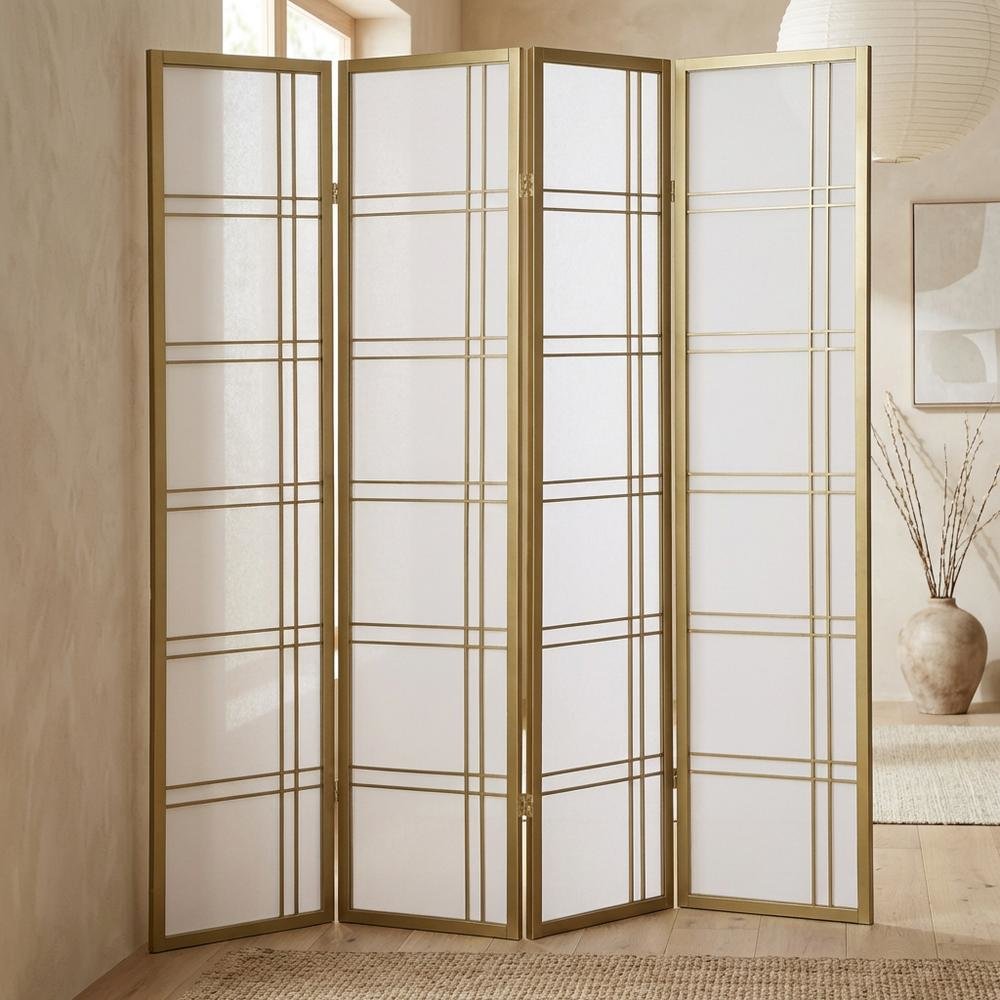 Gold 4-Panel Wood Folding Room Divider, Rice Paper, 70 Inch. Picture 2