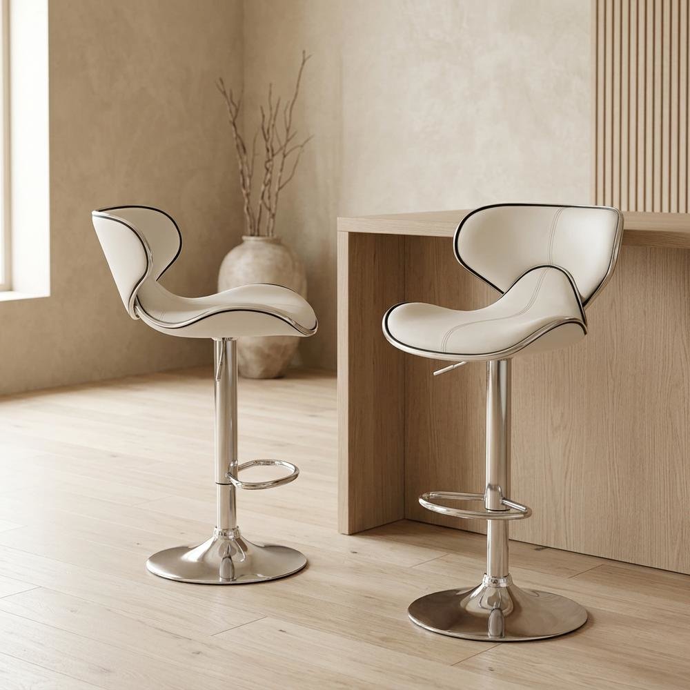 White Leatherette Swivel Barstool Set with Chrome Base and Adjustable Height. Picture 2