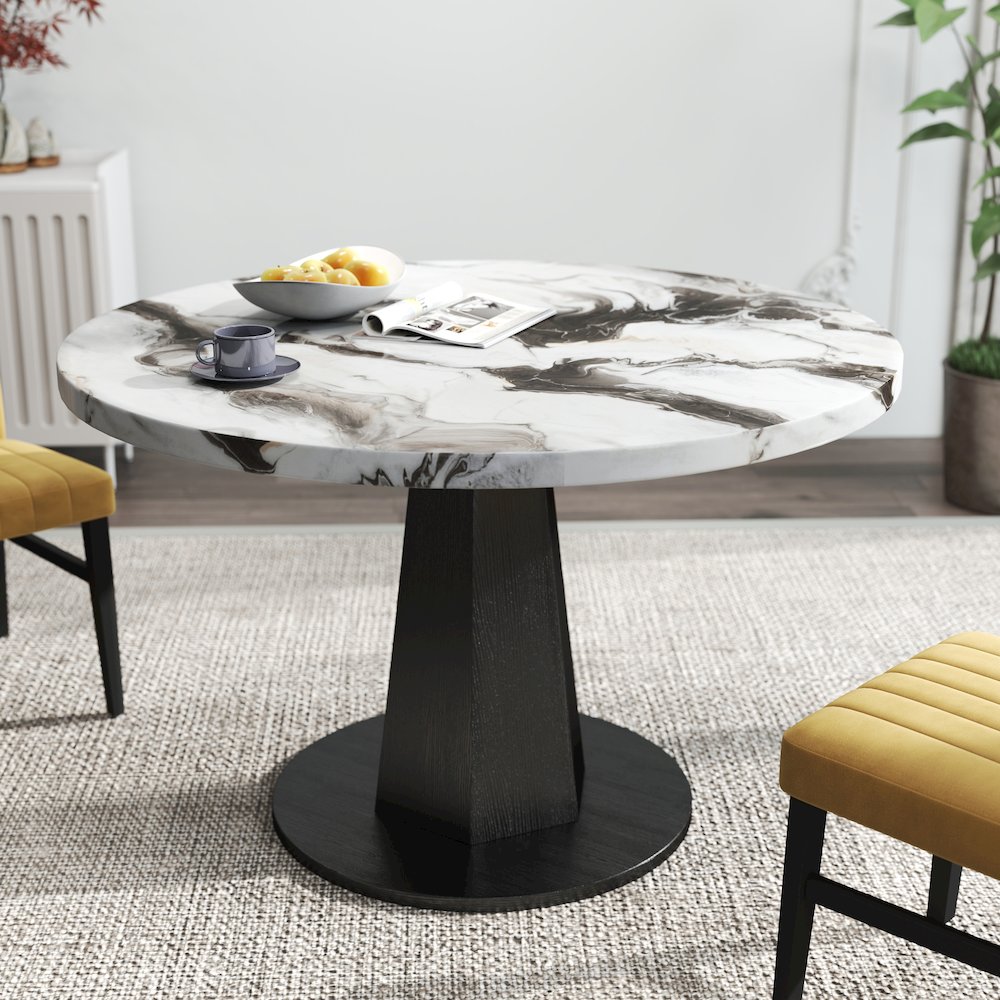 5-Piece Dining Set, Off-White Faux Marble Dining Table with Four Chairs, Yellow. Picture 9
