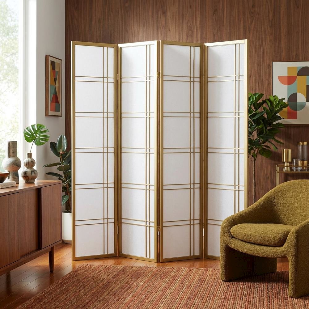 Gold 4-Panel Wood Folding Room Divider, Rice Paper, 70 Inch. Picture 3
