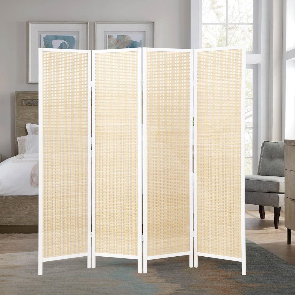 Inkwell 4-Panel Bamboo Room Divider, Folding Screen, Natural with White Frame. Picture 3
