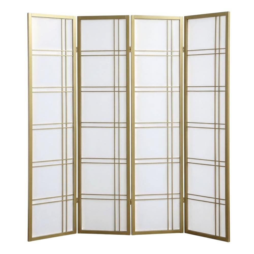 Gold 4-Panel Wood Folding Room Divider, Rice Paper, 70 Inch. Picture 4