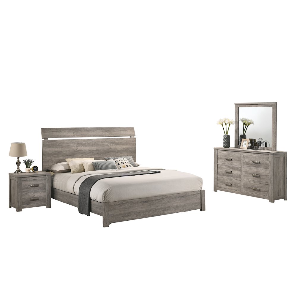 Weathered Gray Wood Bedroom Set, King Panel Bed, Dresser, Mirror, Nightstand. Picture 1