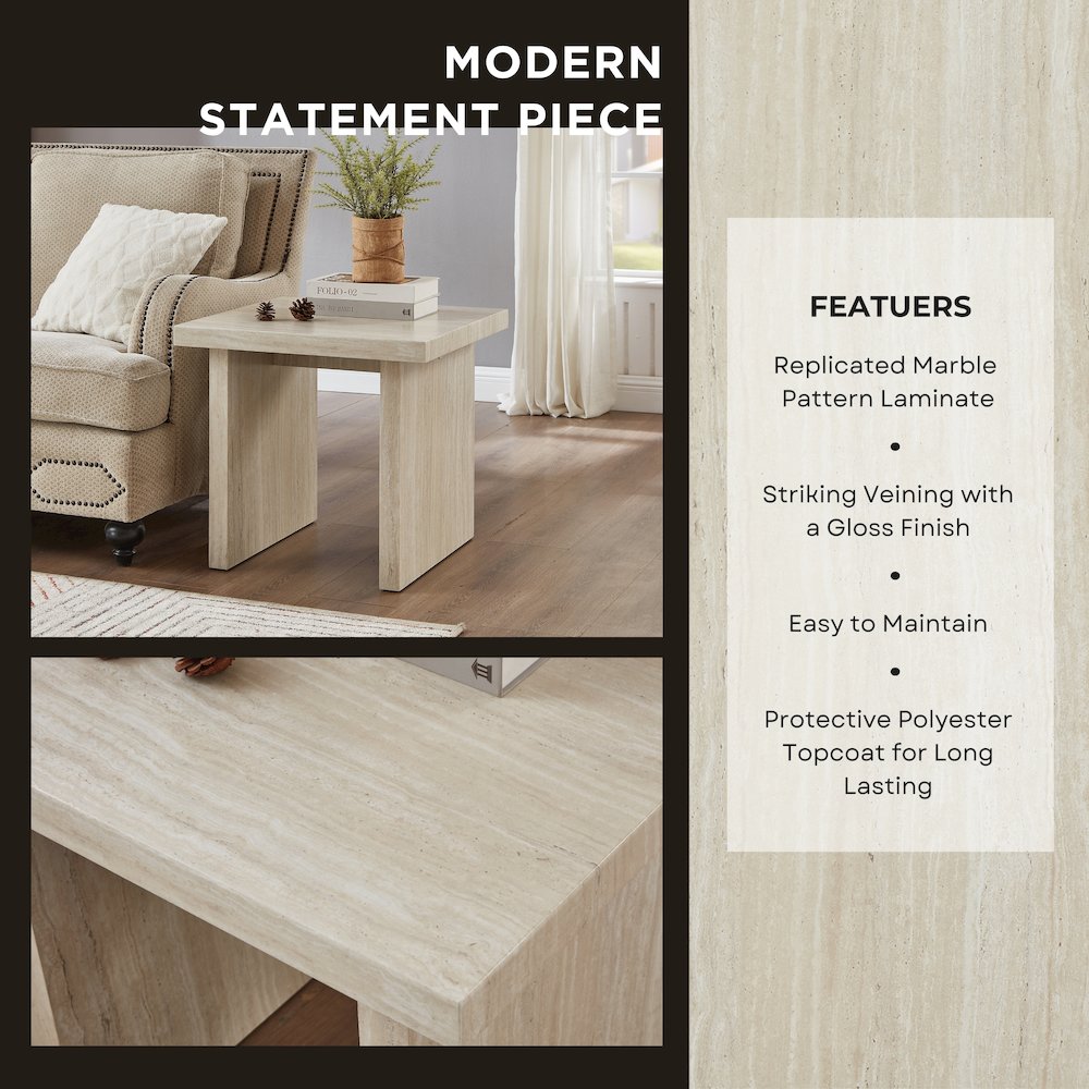 Cavira 3-Piece Faux Marble Coffee Table Set, Table and Two End Tables, Beige. Picture 9