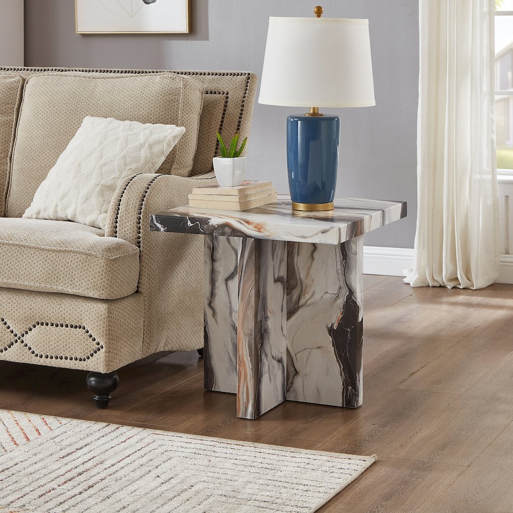 Cavira Modern Faux Marble Living Room Side Table, Off-white. Picture 2