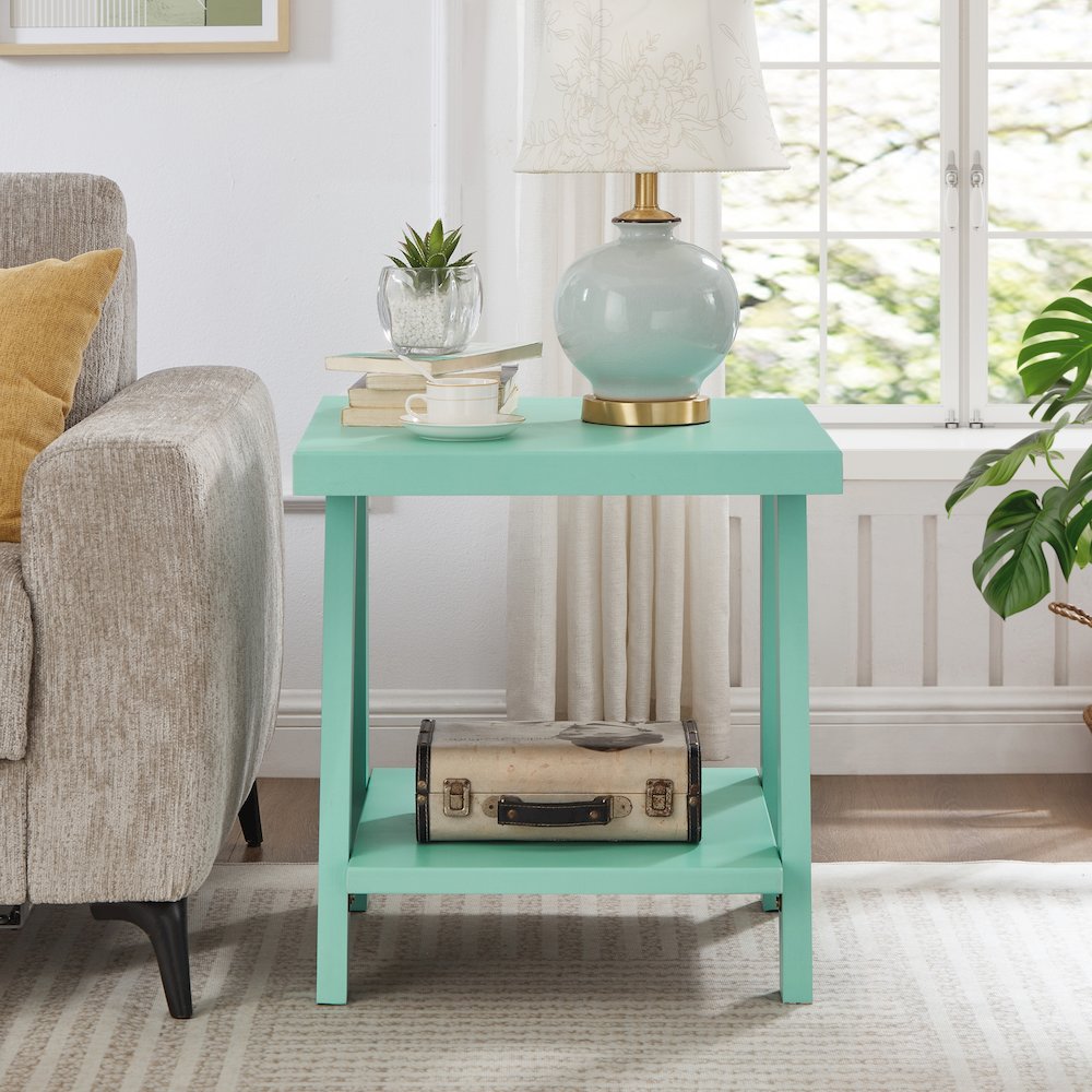 Athens Contemporary Wood Shelf End Table in Teal. Picture 3