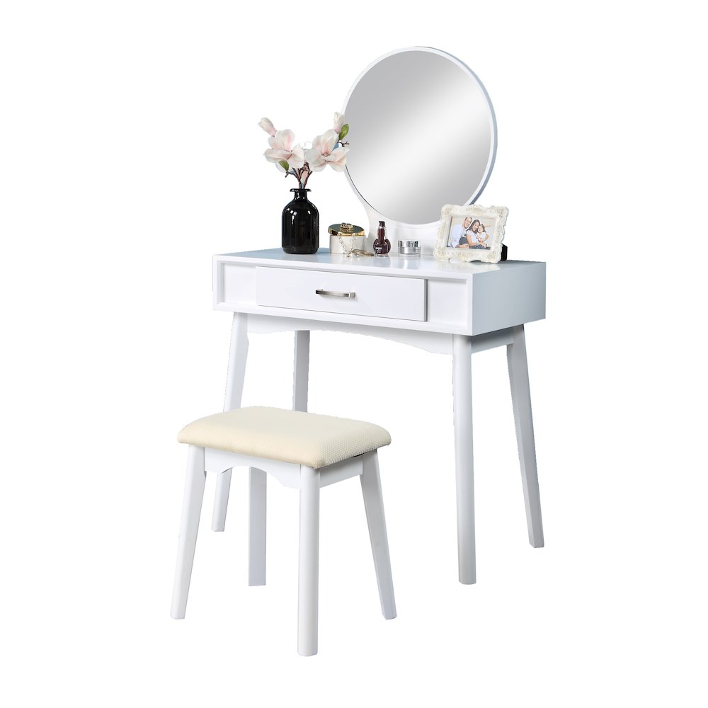 Maly Contemporary Wood Vanity and Stool Set, White. Picture 6