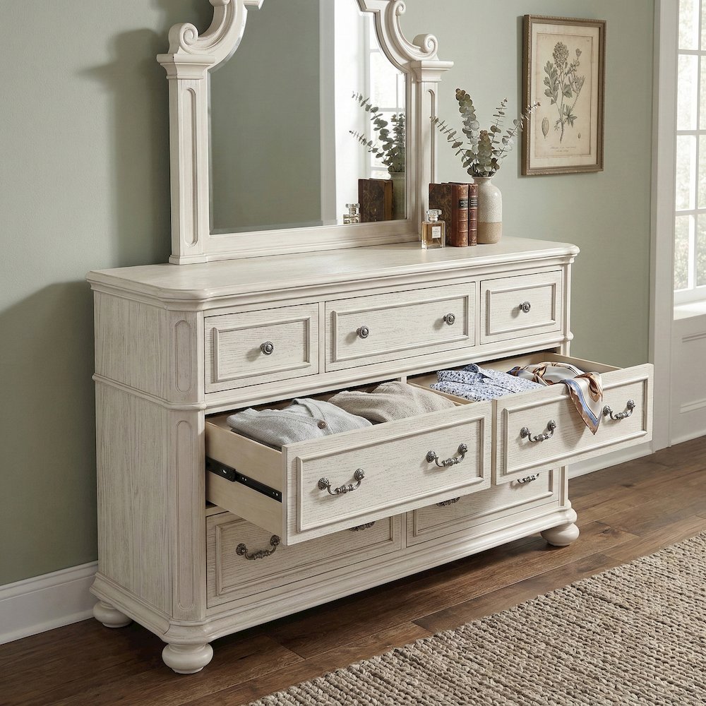 Nelson 7-Drawer Bedroom Dresser with Mirror, Antique White. Picture 4