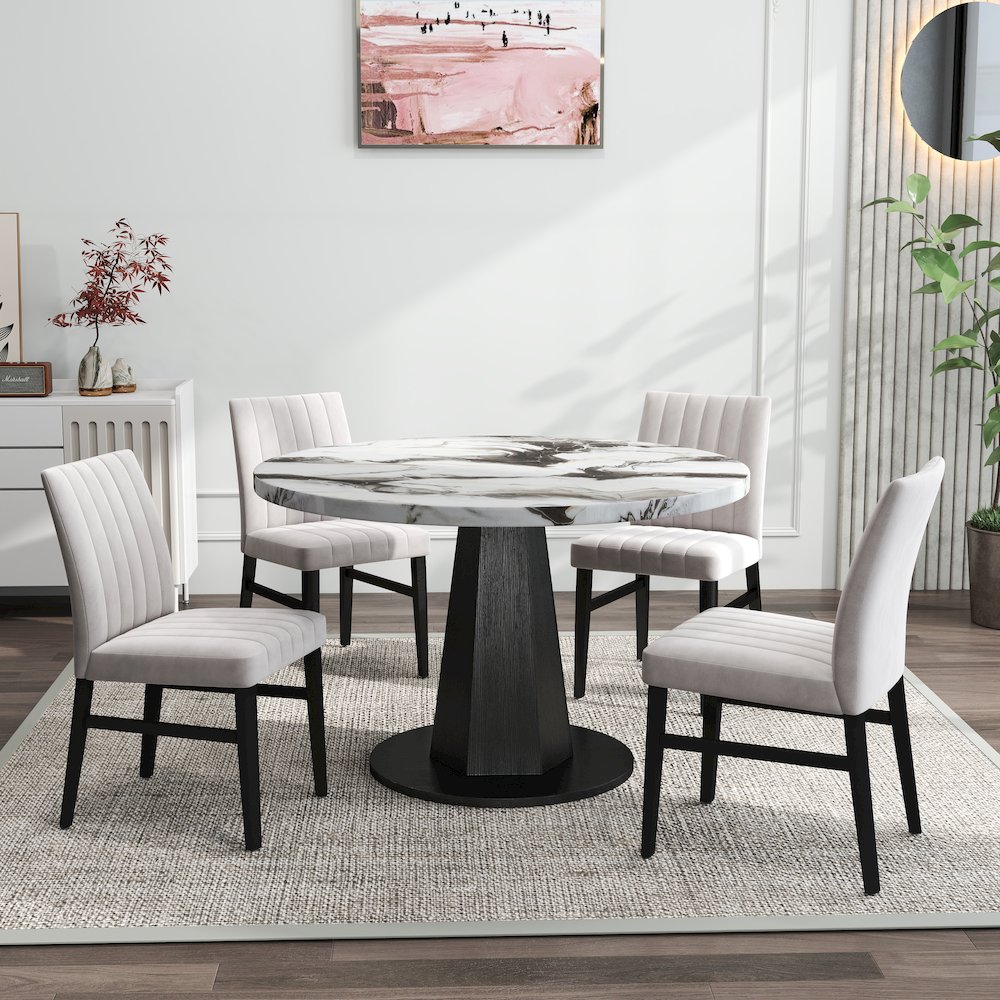 5-Piece Dining Set, Off-White Faux Marble Dining Table with Four Chairs, Tan. Picture 2