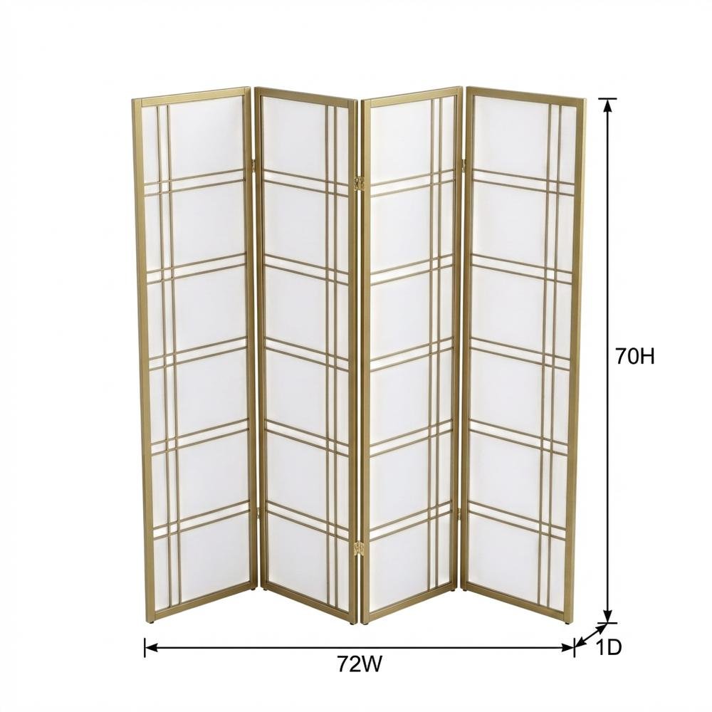 Gold 4-Panel Wood Folding Room Divider, Rice Paper, 70 Inch. Picture 7