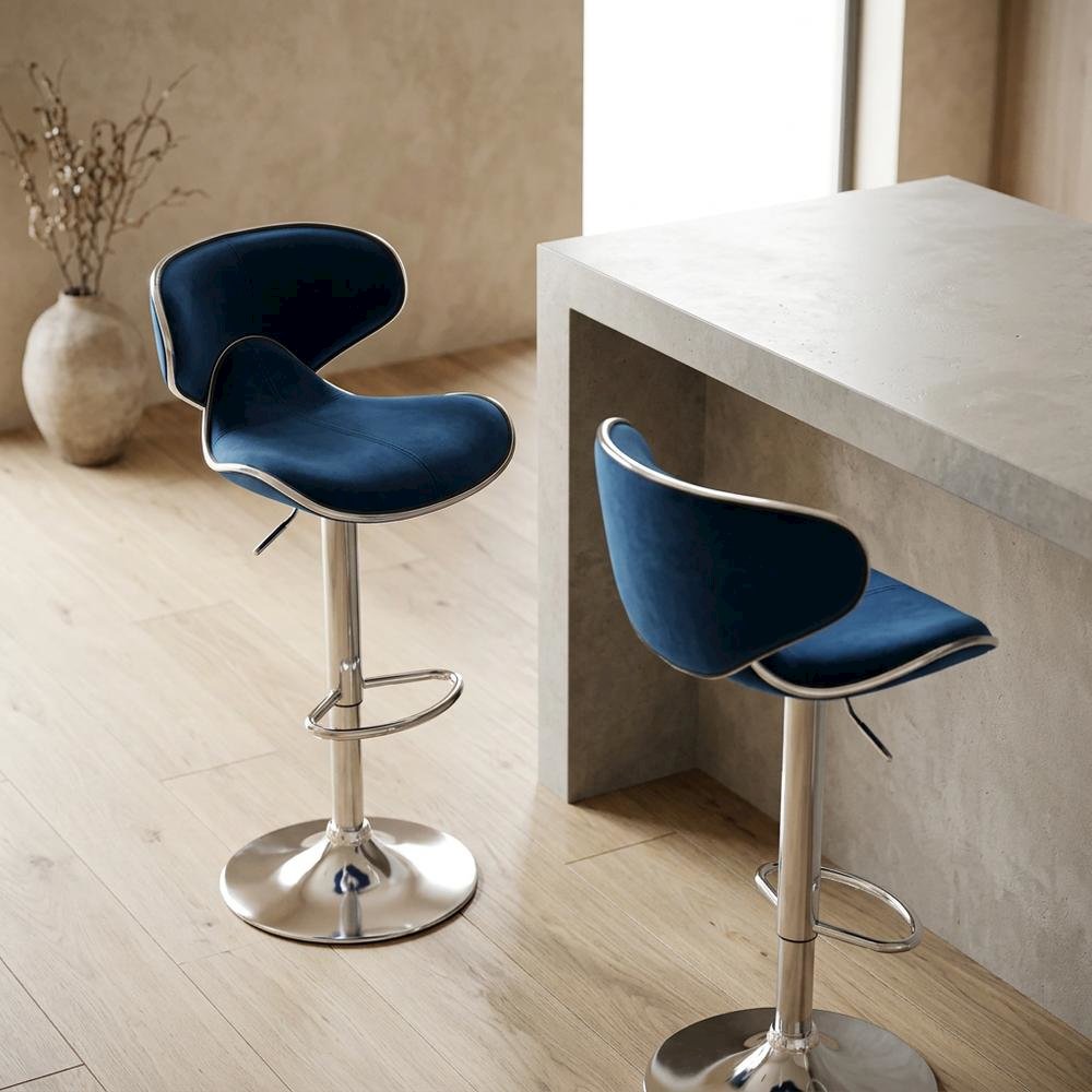 Blue Velvet Upholstered Adjustable Swivel Barstool, Set of 2 with Modern Design. Picture 2