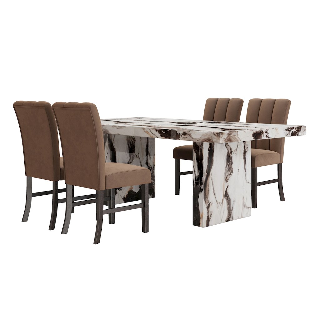 Cavira 5-PC Faux Marble Dining Set, Double Pedestal Table with 4 Chairs. Picture 1