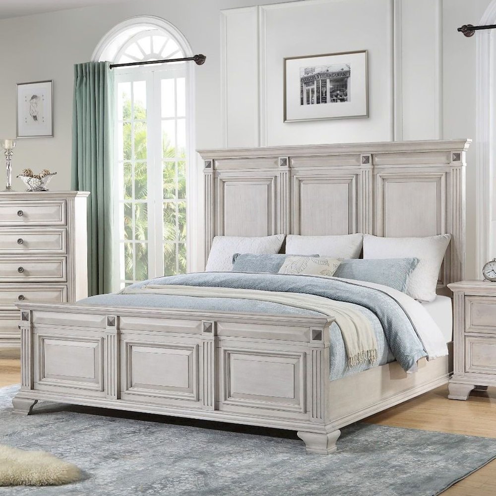 Renova 3-Piece Distressed Parchment Bedroom Set, King Bed with 2 Nightstands. Picture 4