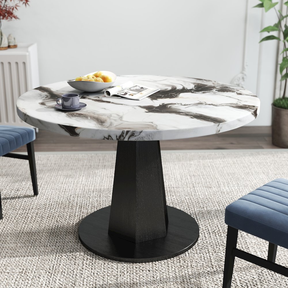 5-Piece Dining Set, Off-White Faux Marble Dining Table with Four Chairs, Blue. Picture 9