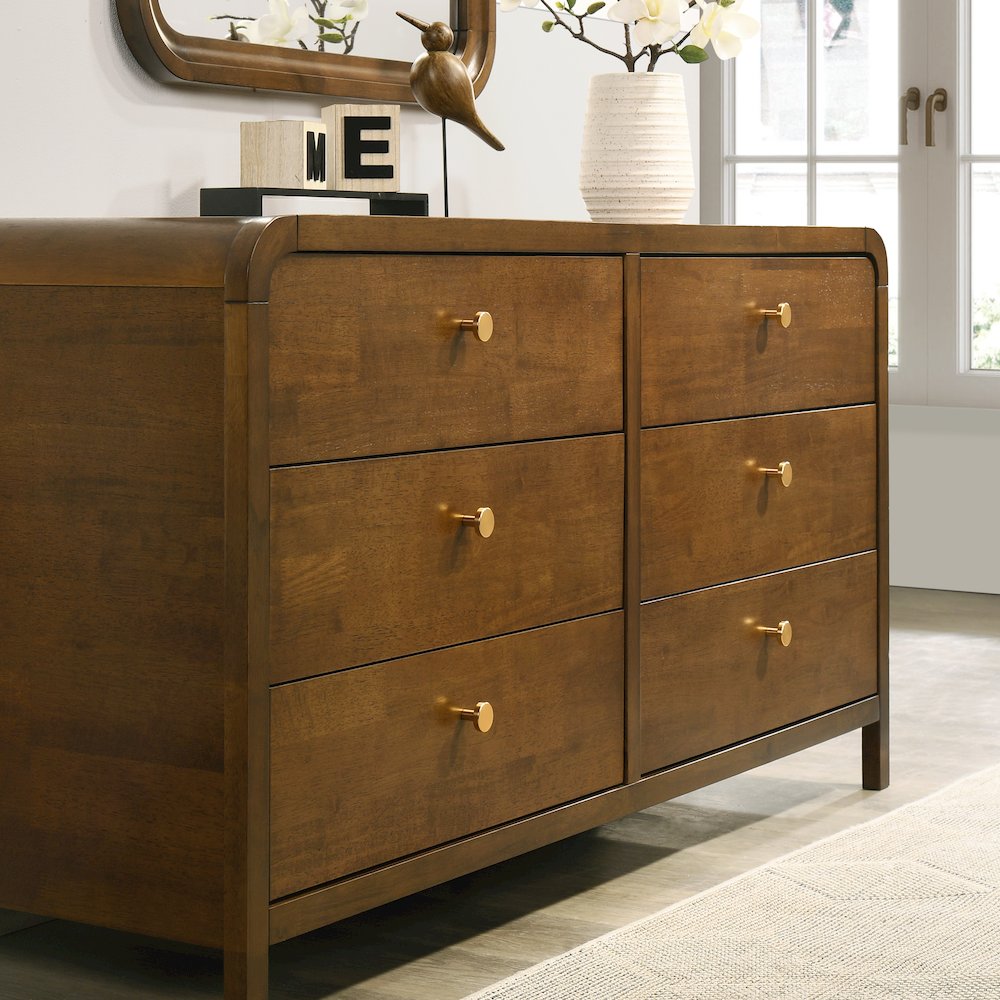 Eldren 6-Drawer Wood Dresser with Mirror, Walnut Finish. Picture 5