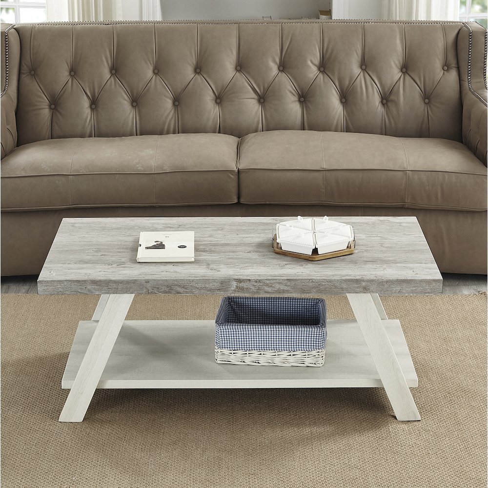 Athens Contemporary Two-Tone Wood Shelf Coffee Table in Weathered Gray and Beige. Picture 2