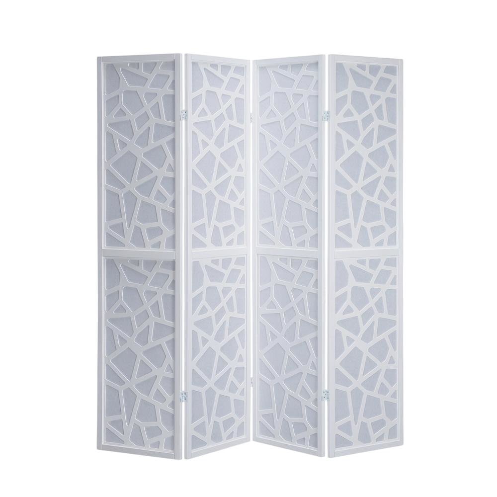 White 4-Panel Wood Folding Room Divider, Fabric, 70 Inch. Picture 1