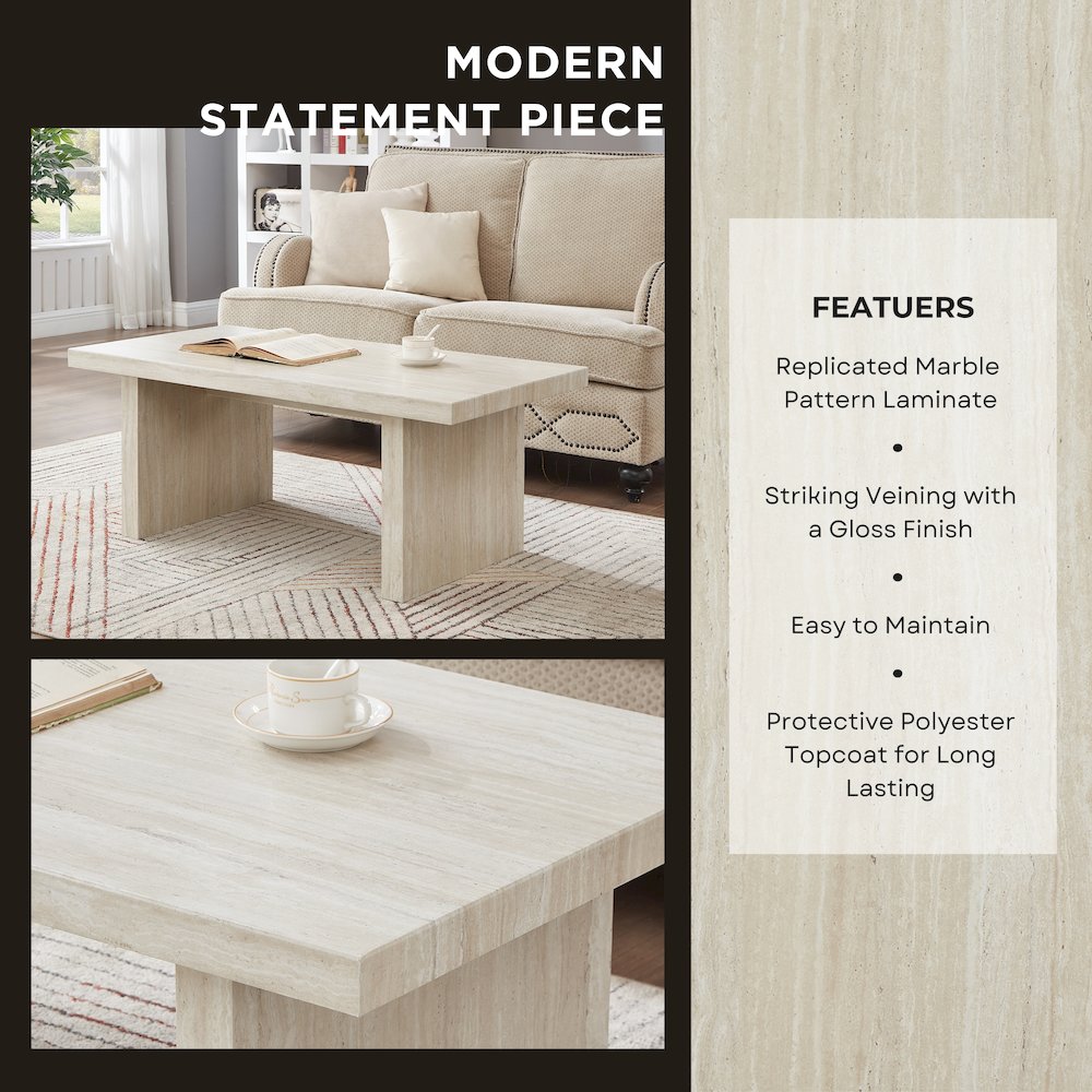 Cavira Modern Faux Marble Living Room Coffee Table, Beige. Picture 4