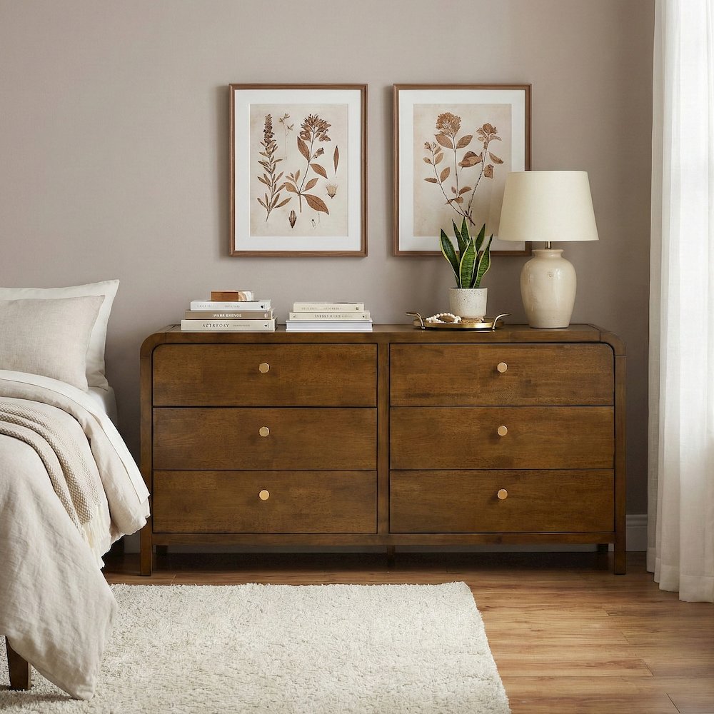 Eldren 6-Drawer Wood Dresser with Solid Rubberwood Frame, Walnut Finish. Picture 3