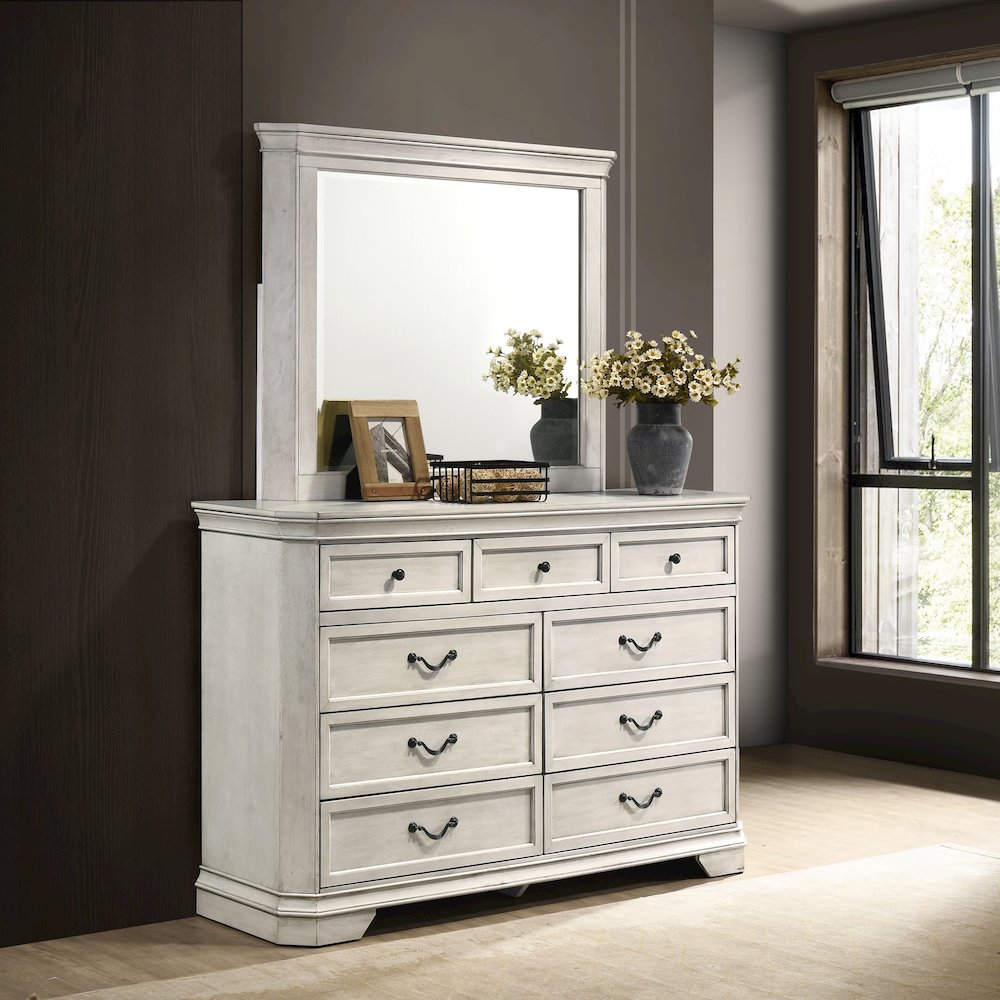 Maderne Wood Panel Bed with Dresser, Mirror, Nightstand, Queen. Picture 7