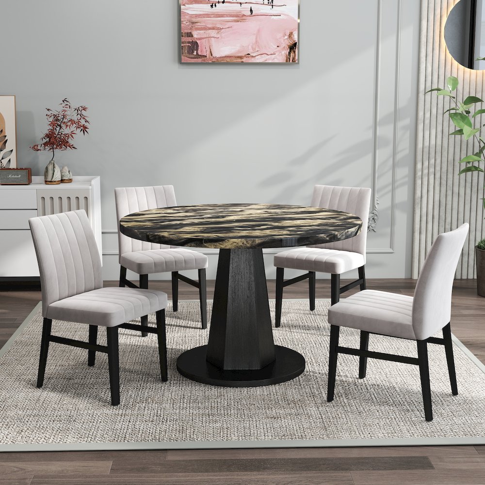5-Piece Dining Set, Black and Gold Faux Marble Dining Table Four Chairs, Tan. Picture 2