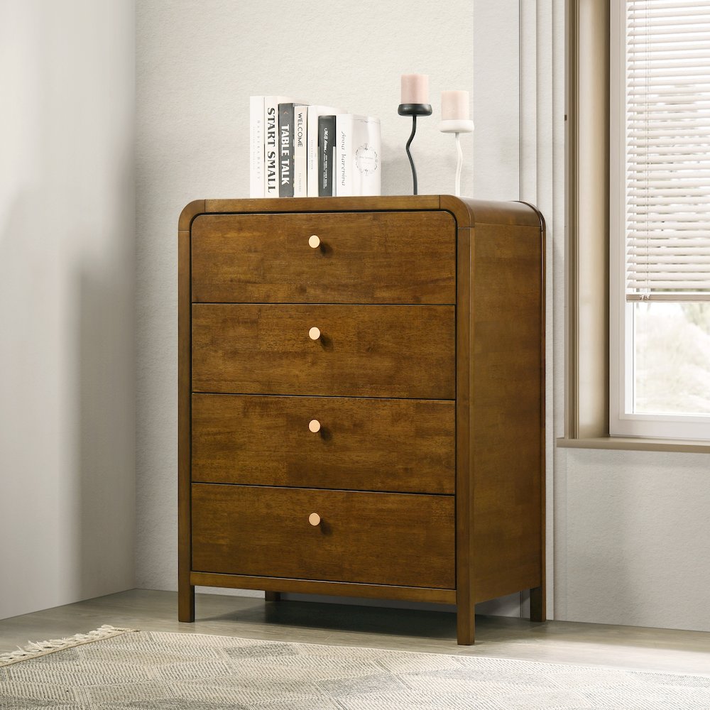 Eldren 4-Drawer Wood Chest with Solid Rubberwood Frame, Walnut Finish. Picture 3