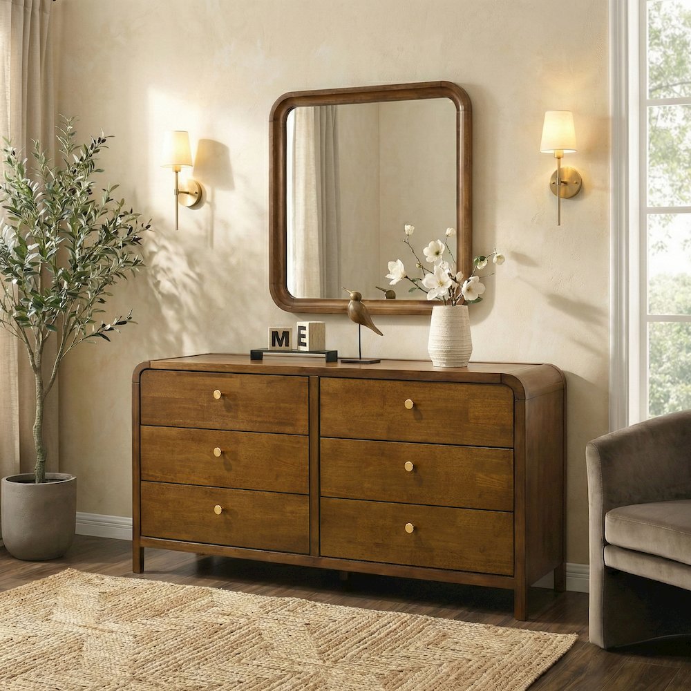 Eldren 6-Drawer Wood Dresser with Mirror, Walnut Finish. Picture 2