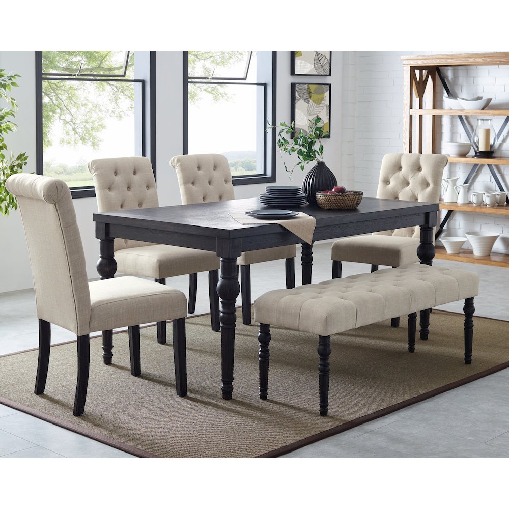 Leviton Urban Style Dark Wash Wood Dining Set Table, 4 Chairs and Bench, Tan. Picture 2