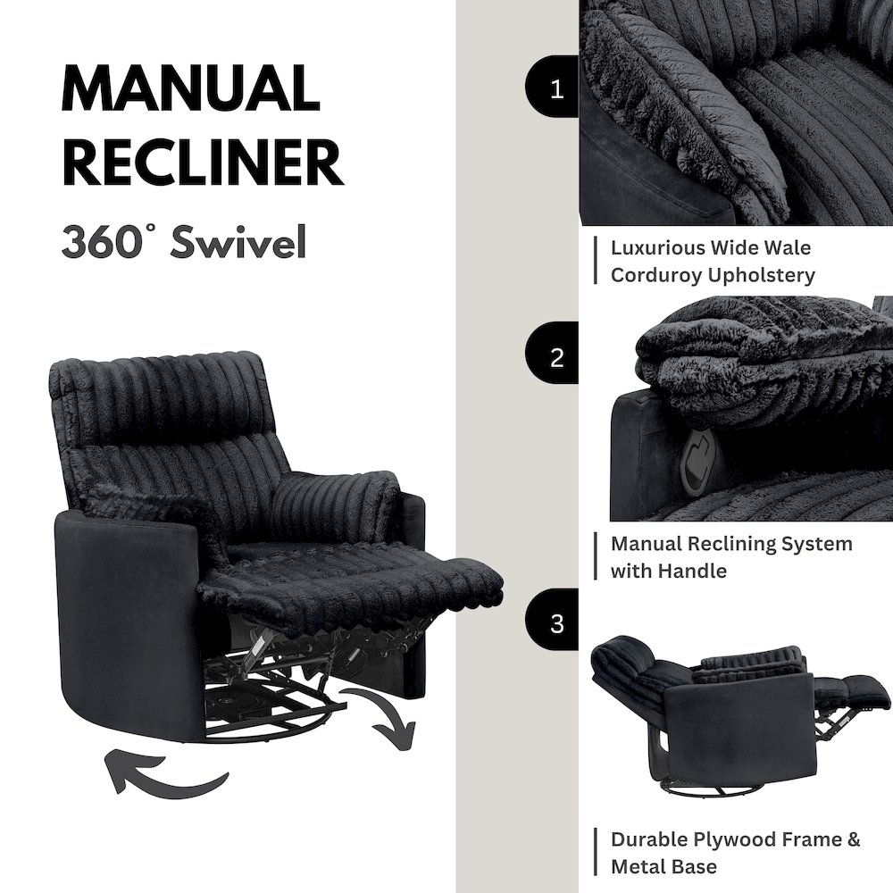 Bocaton Wide Wale Corduroy Upholstery Manual Recliner, Black. Picture 5
