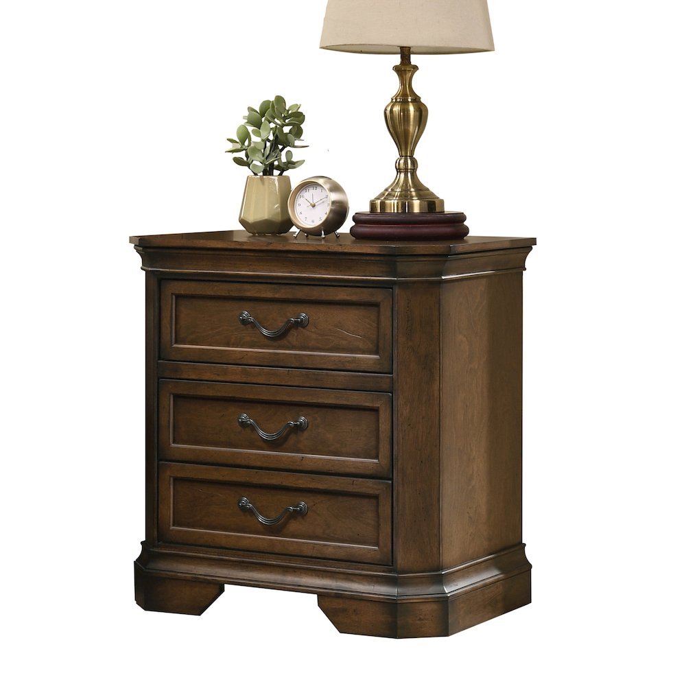 Maderne Traditional Wood 3-Drawer Nightstand, Antique Walnut Finish. Picture 1