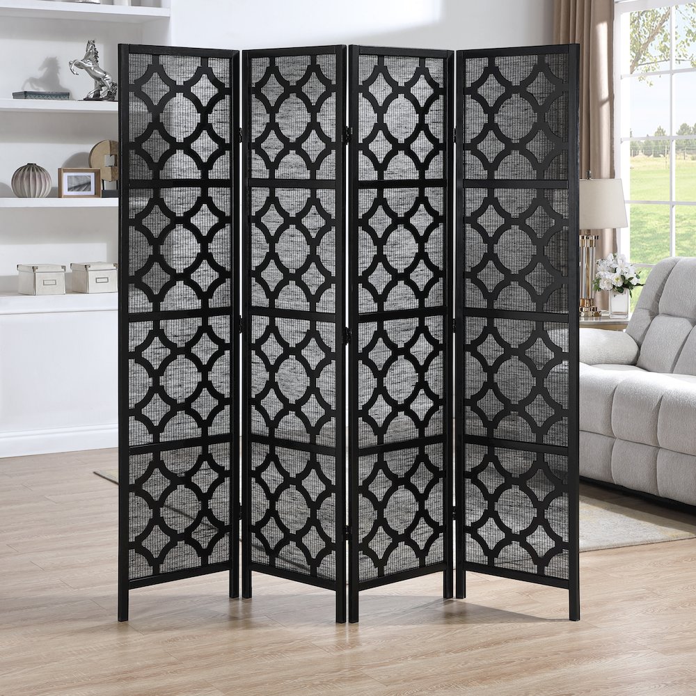 Quarterfoil Diamond Design 4-Panel Room Divider, Black. Picture 2