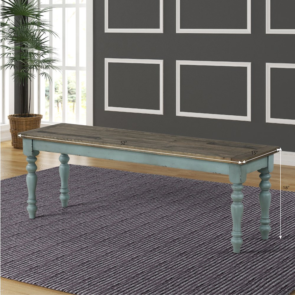 Prato Two-Tone Wood Dining Bench, Antique Blue and Distressed Oak. Picture 6