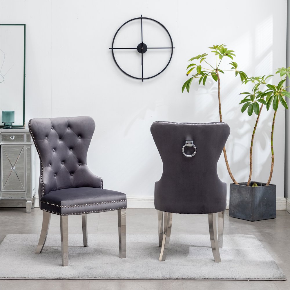 Montura Contemporary Tufted Velvet Chair with Nailhead Trim, Set of 2, Gray. Picture 4