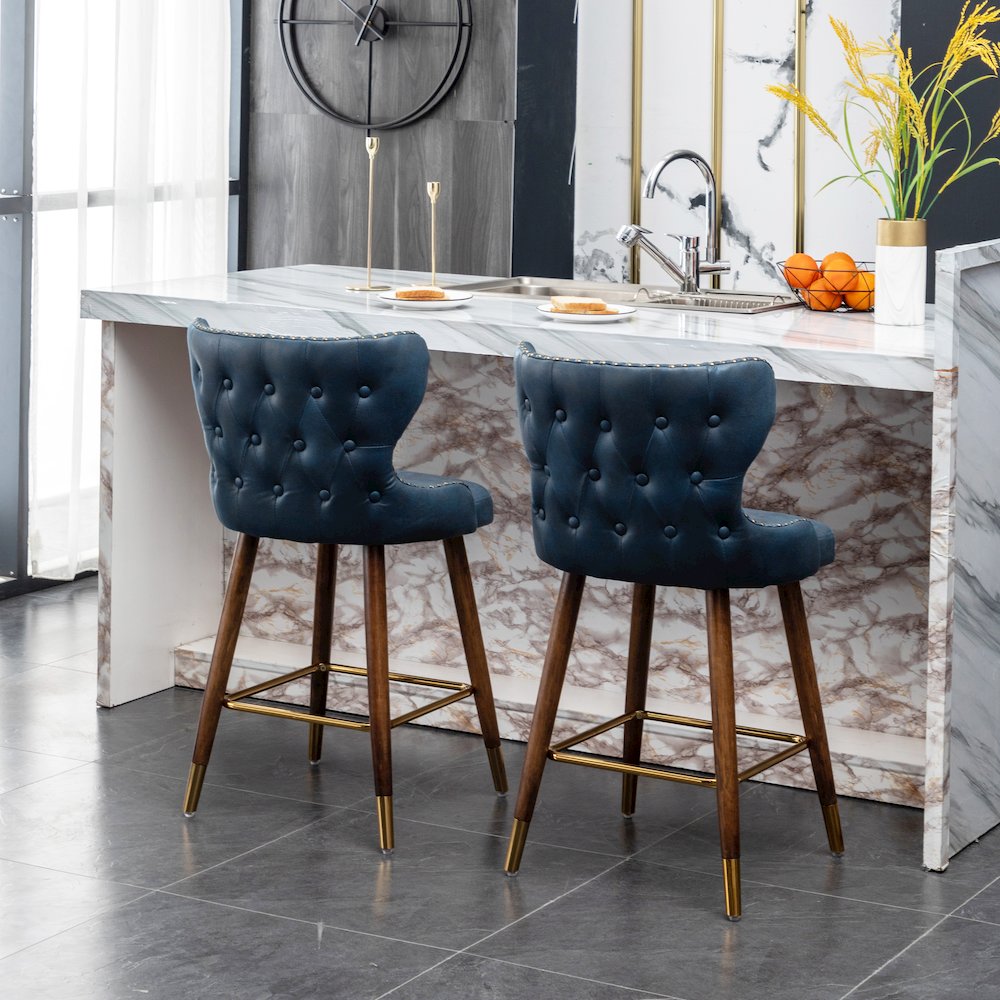Nevis Modern Faux Leather Tufted Nailhead Trim Counter Stool Set of 2, Blue. Picture 9