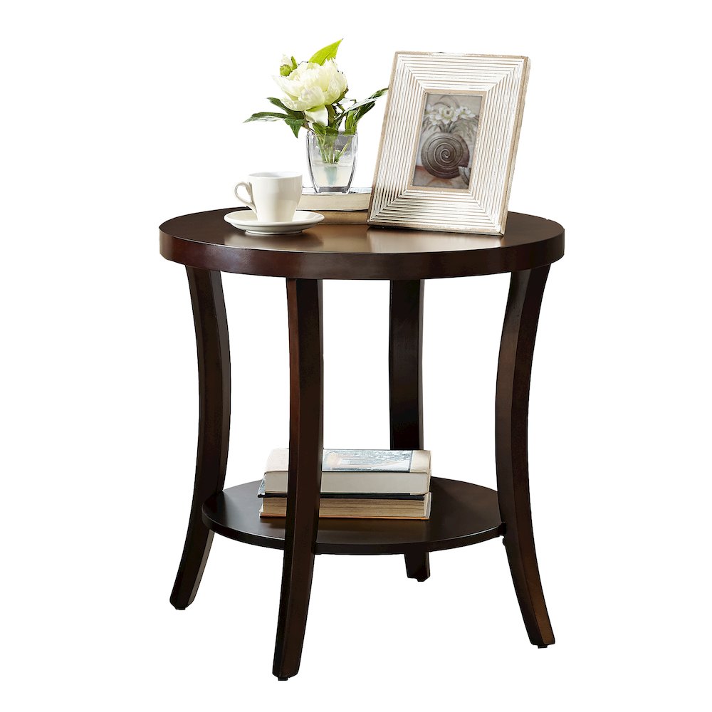 Perth Espresso Round End Table with Shelf. Picture 1