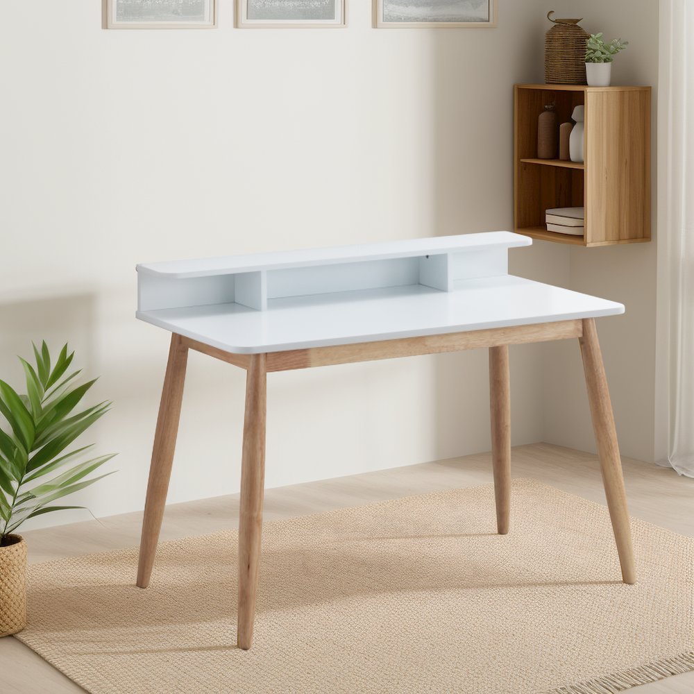 Roskilde Mid-Century Modern Wood Writing Desk with Hutch, White. Picture 2