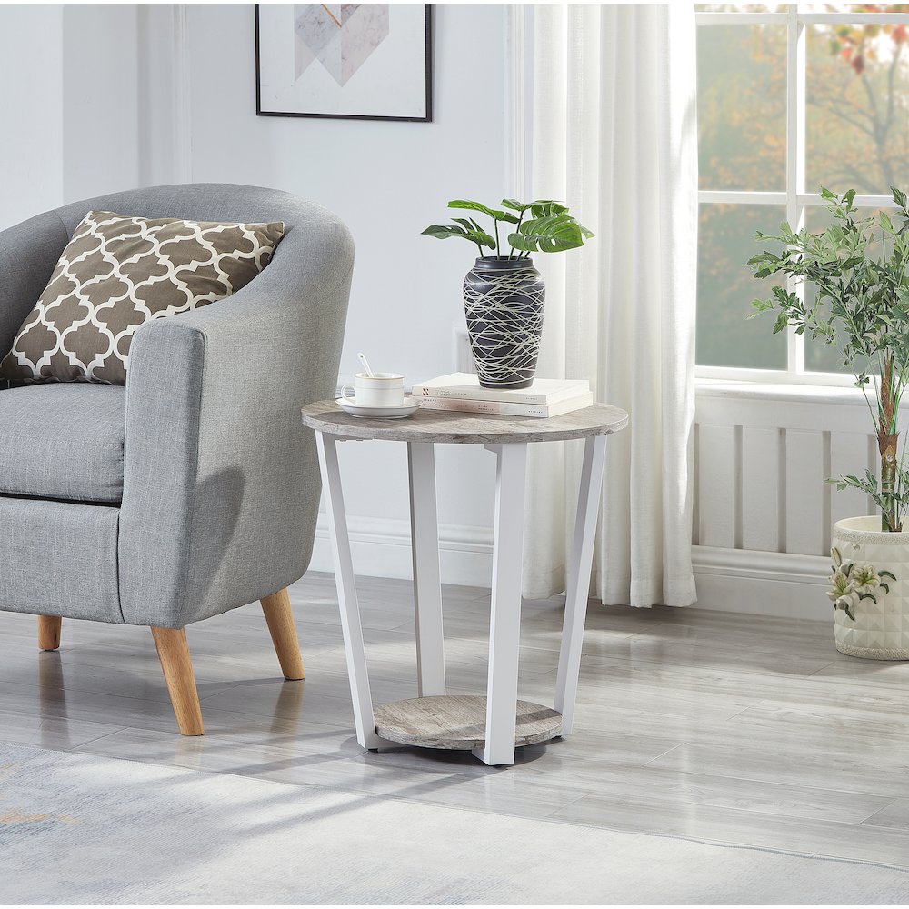 Elysian Contemporary Round End Table with Shelf, Gray. Picture 4